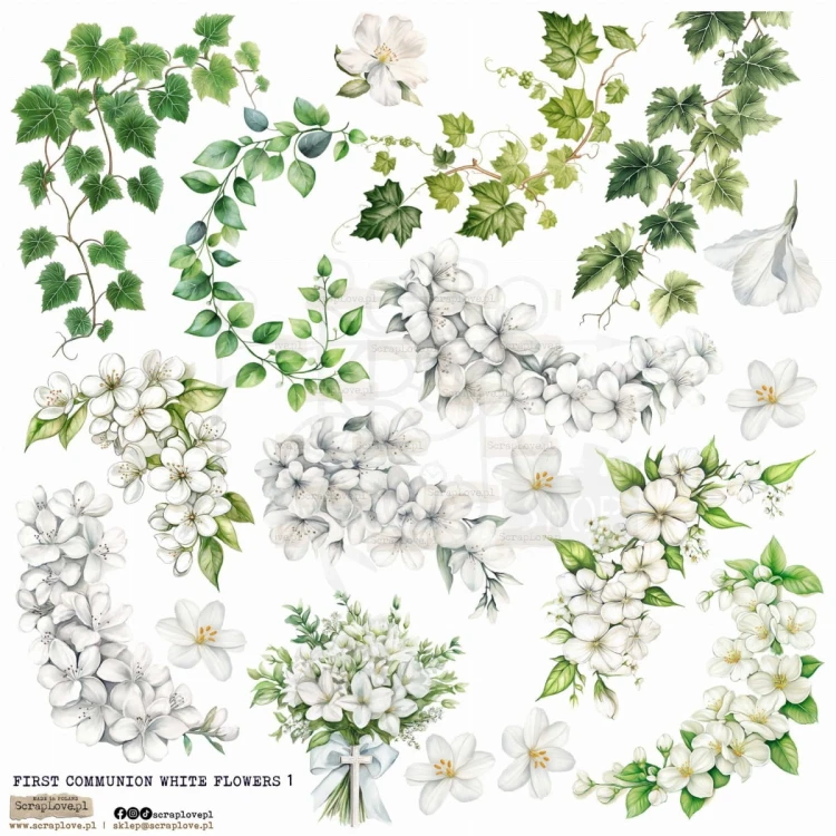 Naklejki papierowe do scrapbookingu i art journalingu First Communion Flowers White 1 ScrapLove