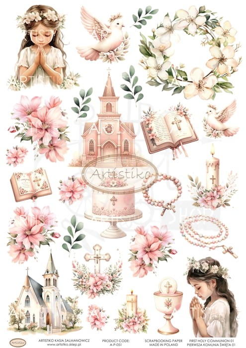 Papier do scrapbookingu A4 dodatki do wycinania Pierwsza Komunia Święta 01 A-P-051 Artistiko