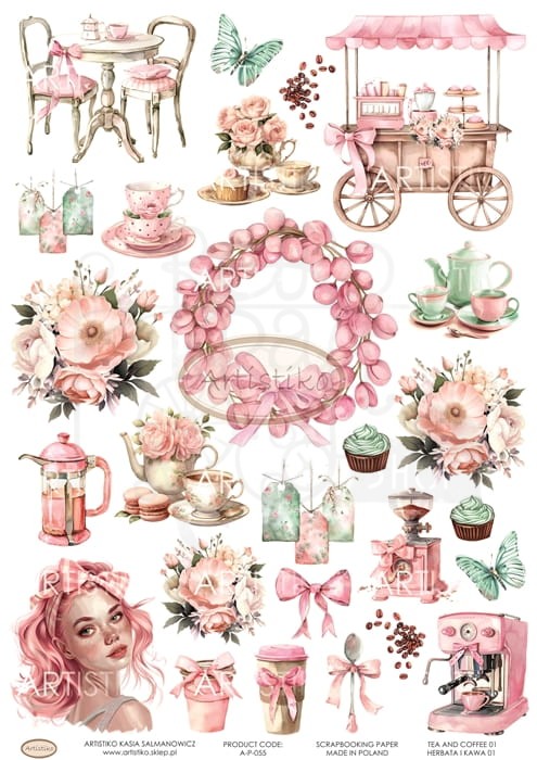 Papier do scrapbookingu A4 dodatki do wycinania Herbata i kawa 01 A-P-055 Artistiko