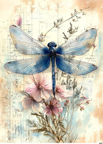 Papier ryżowy do decoupage A4 Ważka i kwiaty retro 9403