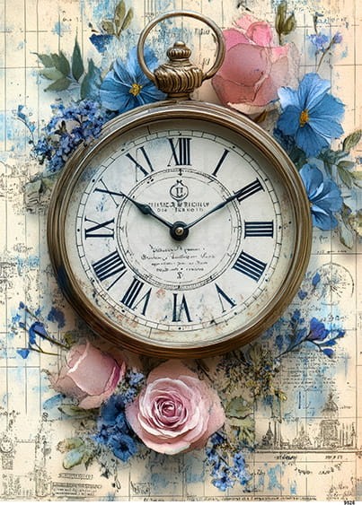 Papier ryżowy do decoupage A5 Zegar retro i kwiaty 9526