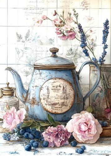 Papier ryżowy do decoupage A5 Niebieski imbryk na herbatę 9541