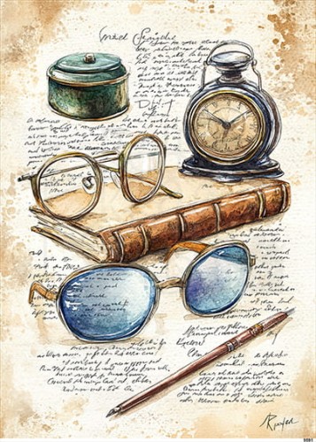 Papier ryżowy do decoupage A4 Okulary książka i zegar retro 9591
