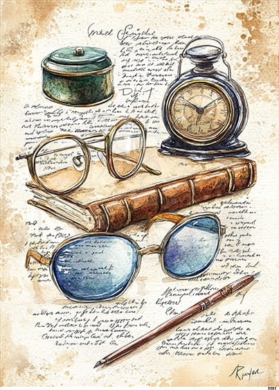 Papier ryżowy do decoupage A4 Okulary książka i zegar retro 9591