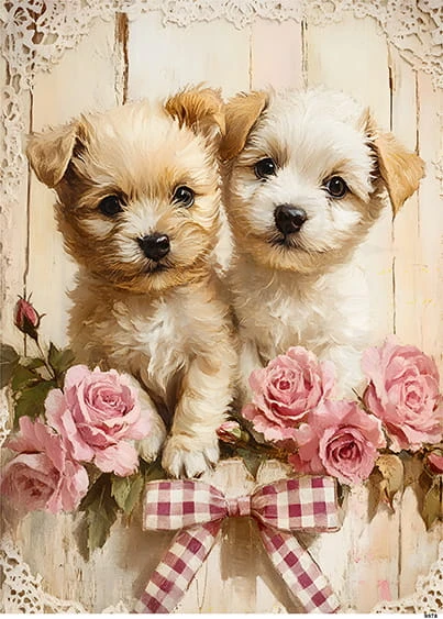 Papier ryżowy do decoupage A5 Dwa pieski i róże 9978