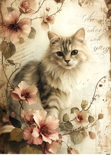 Papier ryżowy do decoupage A5 Kot i kwiaty retro 10235