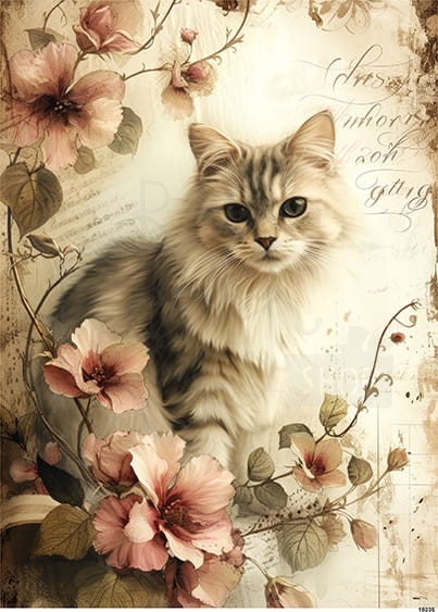Papier ryżowy do decoupage A5 Kot i kwiaty retro 10235