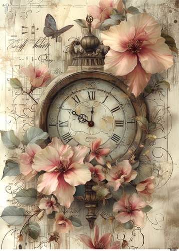 Papier ryżowy do decoupage A5 Zegar i kwiaty retro 10238