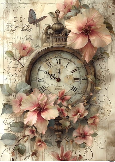 Papier ryżowy do decoupage A5 Zegar i kwiaty retro 10238