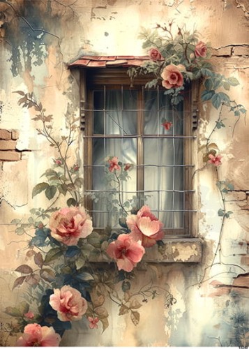 Papier ryżowy do decoupage A4 Okno i kwiaty retro 10240