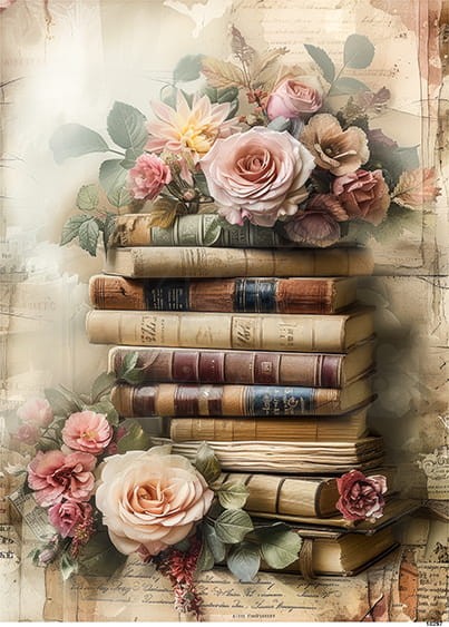 Papier ryżowy do decoupage A4 Książki i kwiaty retro 10297