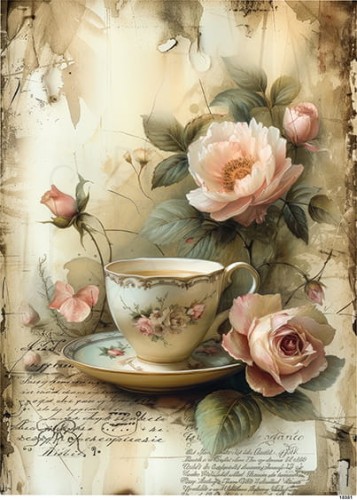 Papier ryżowy do decoupage A5 Filiżanka i kwiaty retro 10301