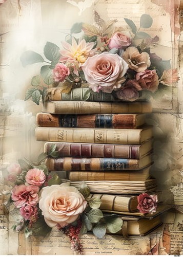 Papier ryżowy do decoupage A5 Książki i kwiaty retro 10297
