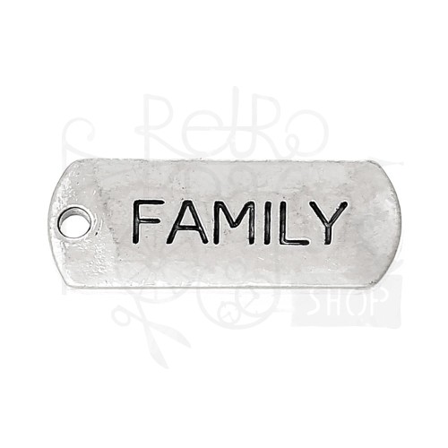 Ozdoba metalowa - plakietka tag z napisem FAMILY - antyczne srebro