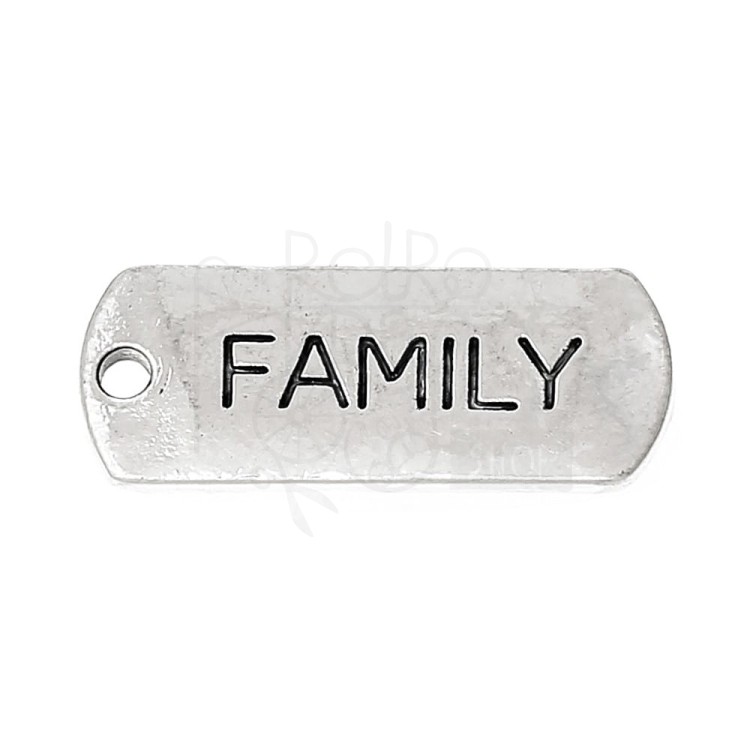 Ozdoba metalowa - plakietka tag z napisem FAMILY - antyczne srebro