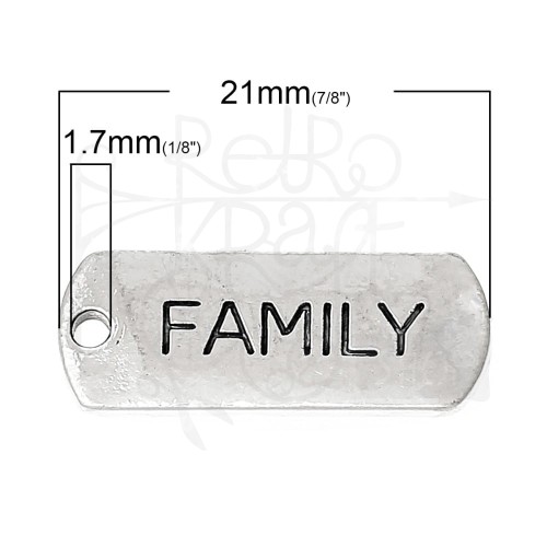 Ozdoba metalowa - plakietka tag z napisem FAMILY - antyczne srebro