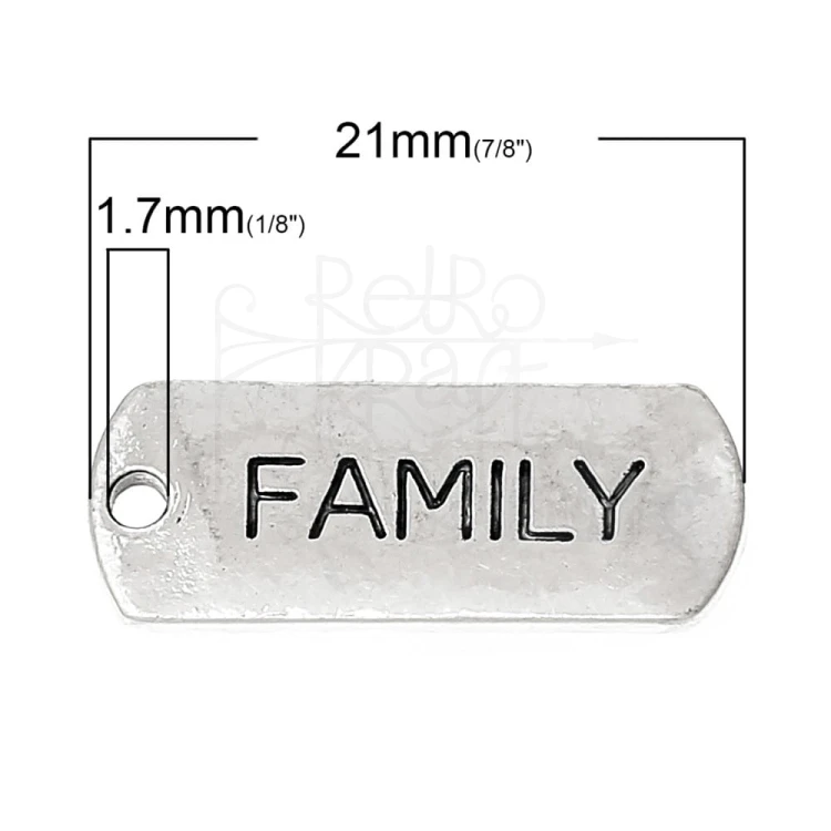 Ozdoba metalowa - plakietka tag z napisem FAMILY - antyczne srebro