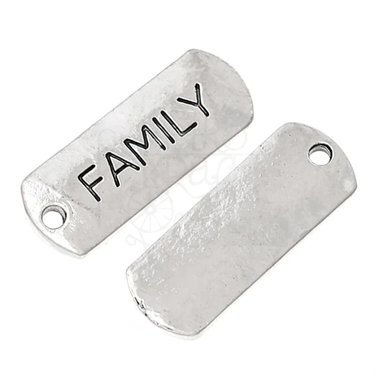 Ozdoba metalowa - plakietka tag z napisem FAMILY - antyczne srebro