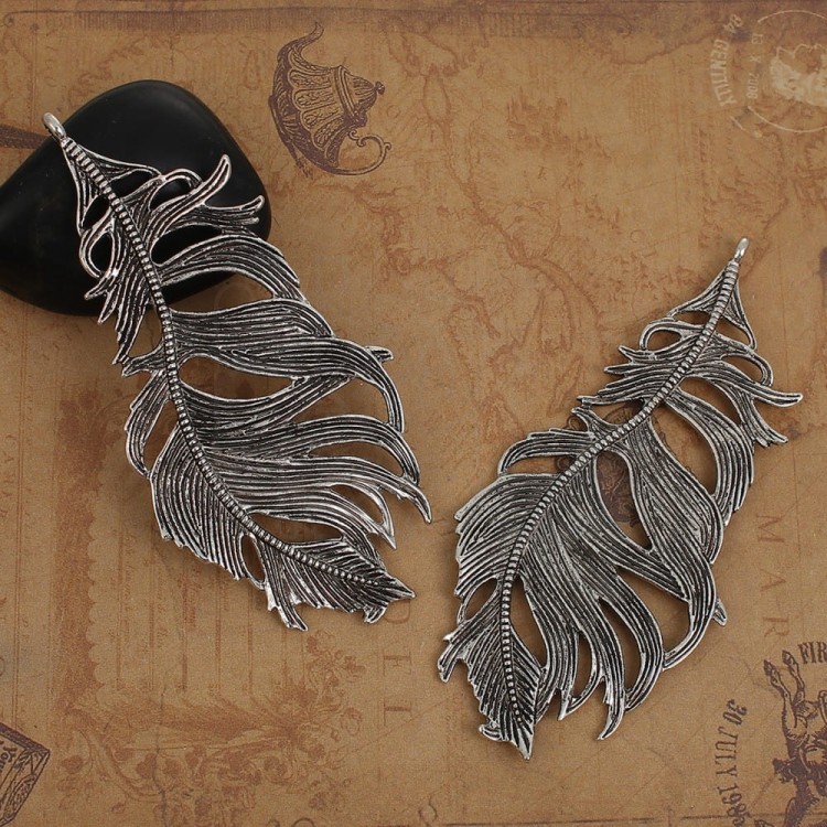 Ozdoba metalowa - piórko 10 duże 85x40mm - antyczne srebro