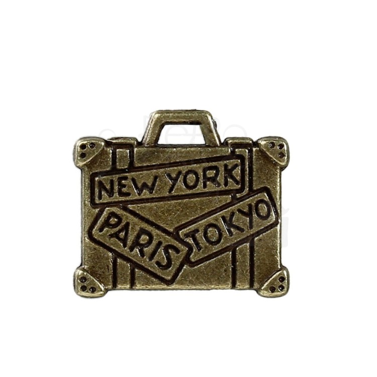 Ozdoba metalowa - walizka z napisami NEW YORK PARIS TOKYO - antyczny