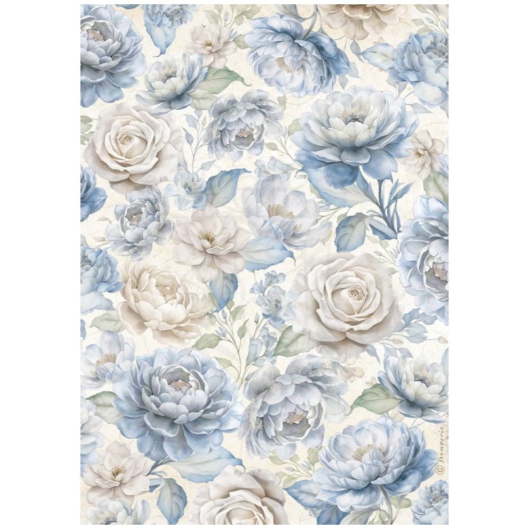 Papier ryżowy do decoupage A4 Timeless Duże róże niebieskie DFSA41032 Stamperia