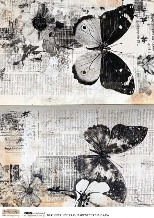 Papier ryżowy do decoupage A4 B&amp;W Junk Journal Backgorund 2 4134 ScrapLove