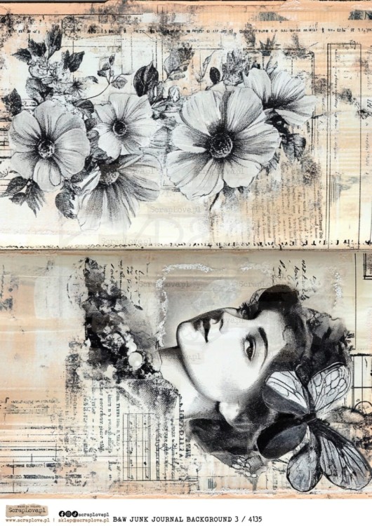 Papier ryżowy do decoupage A4 B&amp;W Junk Journal Backgorund 3 4135 ScrapLove