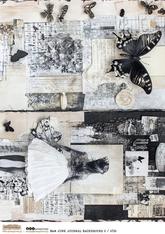 Papier ryżowy do decoupage A4 B&amp;W Junk Journal Backgorund 6 4138 ScrapLove