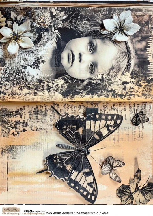 Papier ryżowy do decoupage A4 B&amp;W Junk Journal Backgorund 8 4140 ScrapLove