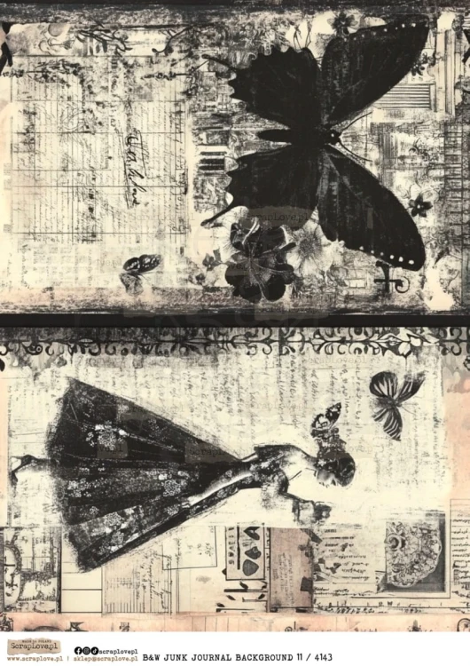 Papier ryżowy do decoupage A4 B&amp;W Junk Journal Backgorund 11 4143 ScrapLove