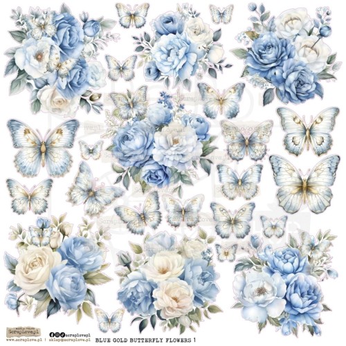 Naklejki papierowe do scrapbookingu i art journalingu Blue Gold Butterfly Flowers 1 ScrapLove