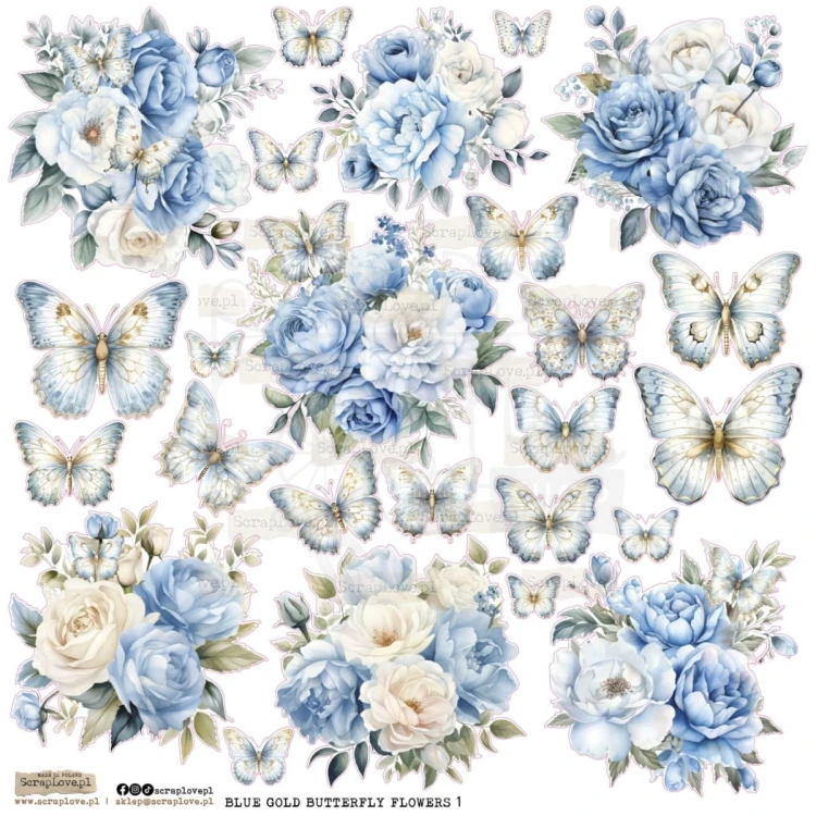 Naklejki papierowe do scrapbookingu i art journalingu Blue Gold Butterfly Flowers 1 ScrapLove