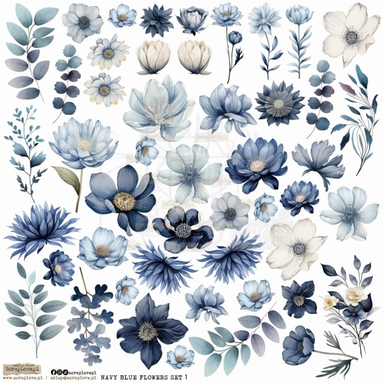 Naklejki foliowe do scrapbookingu i art journalingu Navy Blue Flowers Set 1 ScrapLove