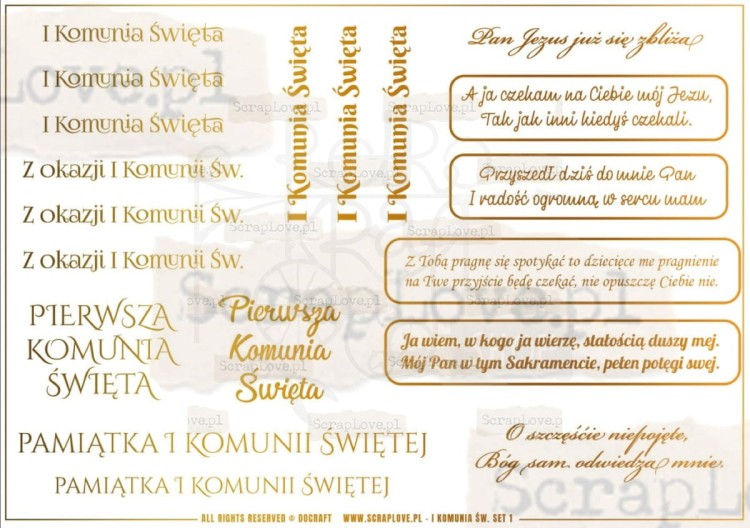 Pergamin do scrapbookingu A5 Elementy Złocone - Komunia 1 2 arkusze ScrapLove