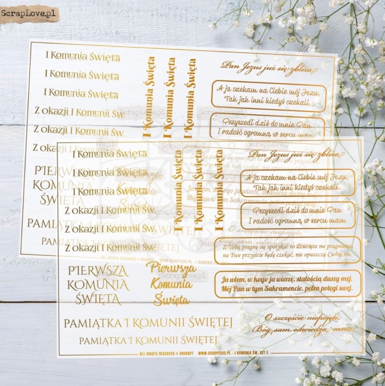 Pergamin do scrapbookingu A5 Elementy Złocone - Komunia 1 2 arkusze ScrapLove