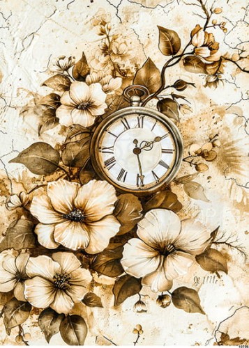 Papier ryżowy do decoupage A4 Kwiaty i zegar retro 10706