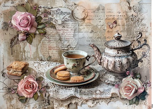 Papier ryżowy do decoupage A4 Herbata i ciastka retro 10502