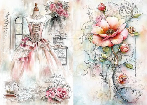 Papier ryżowy do decoupage A5 Suknia i kwiaty 000689