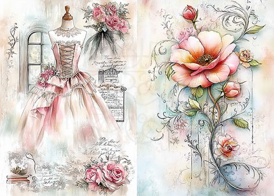 Papier ryżowy do decoupage A5 Suknia i kwiaty 000689