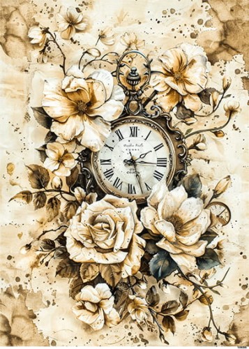 Papier ryżowy do decoupage A5 Kwiaty i zegar retro 10699