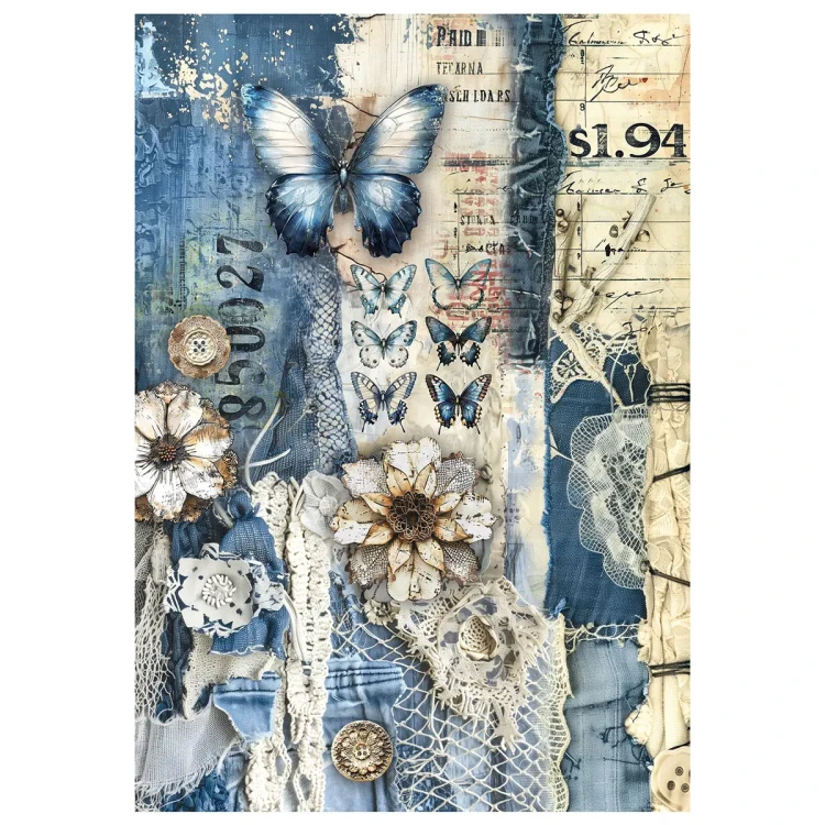 Papier ryżowy do scrapbookingu A4 Urban Blue Denim 4 arkusze MF002 Ciao Bella