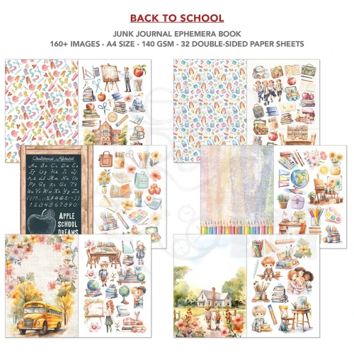 Zestaw A4 Junk Journal &amp; Ephemera Book Back to School 32 arkusze CBB012 Ciao Bella