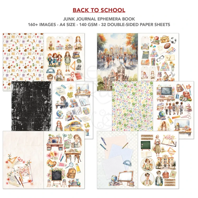 Zestaw A4 Junk Journal &amp; Ephemera Book Back to School 32 arkusze CBB012 Ciao Bella