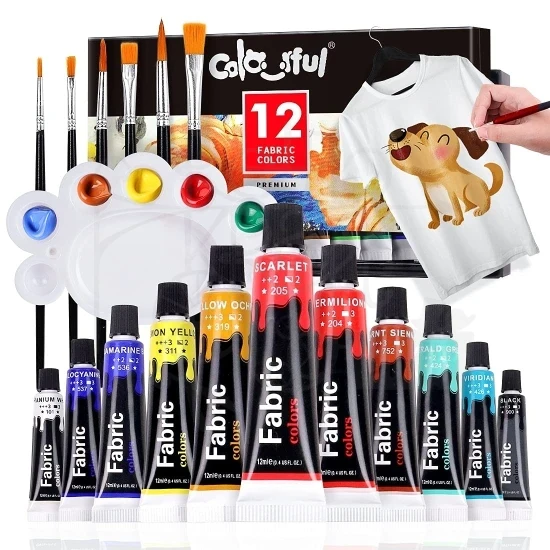 Zestaw farb do tkanin 12x12ml + 6 pędzli + paletka