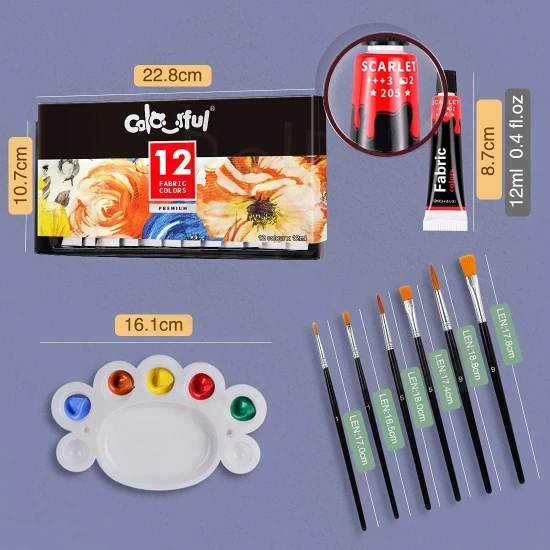 Zestaw farb do tkanin 12x12ml + 6 pędzli + paletka