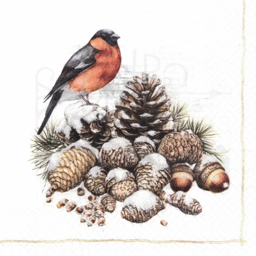 Serwetka 33x33 - Ptak gil i szyszki