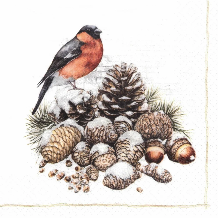 Serwetka 33x33 - Ptak gil i szyszki