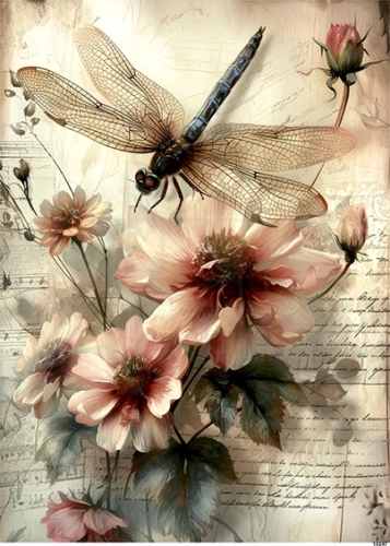 Papier ryżowy do decoupage A5 Ważka i kwiaty retro 10247