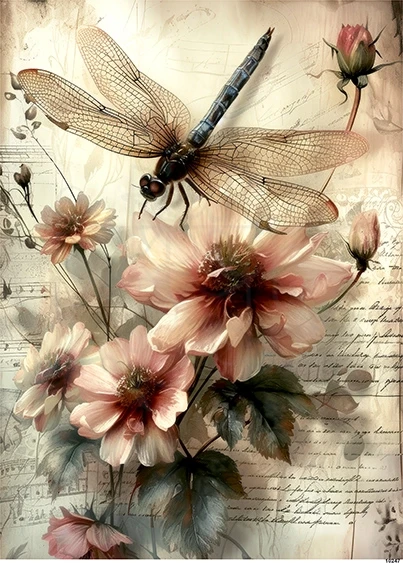 Papier ryżowy do decoupage A5 Ważka i kwiaty retro 10247