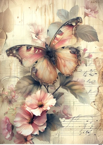 Papier ryżowy do decoupage A5 Motyl i kwiaty retro 10231